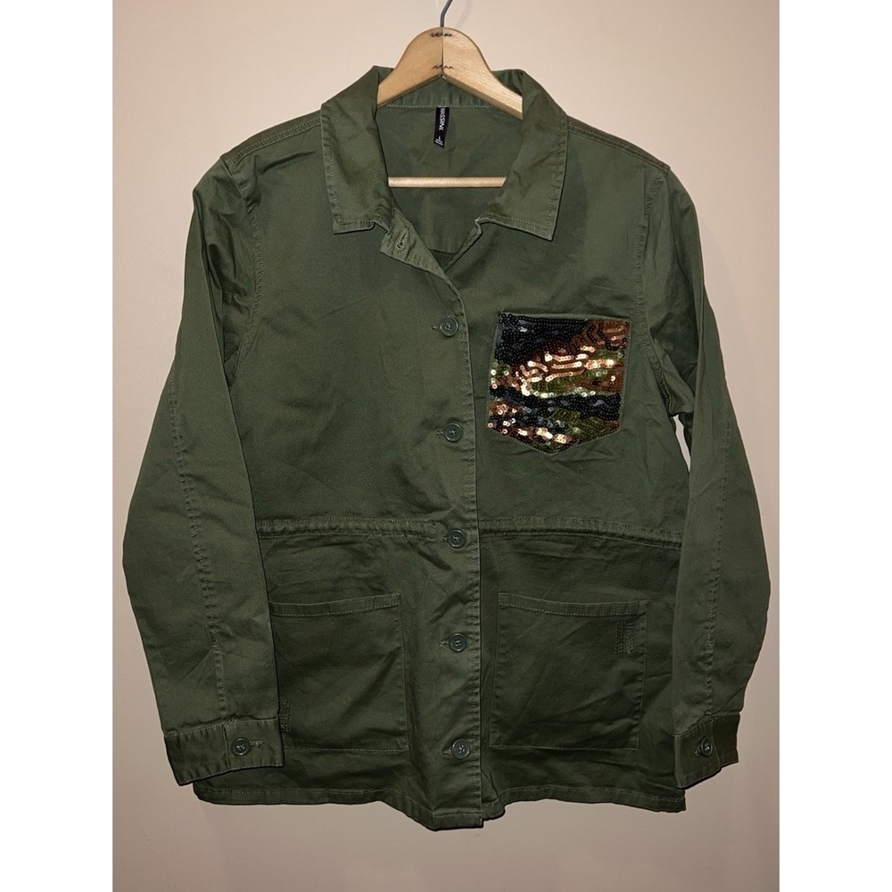 Field Jacket Womens L Army Green Utility Cinch Waist Sequined Camouflage EUC
